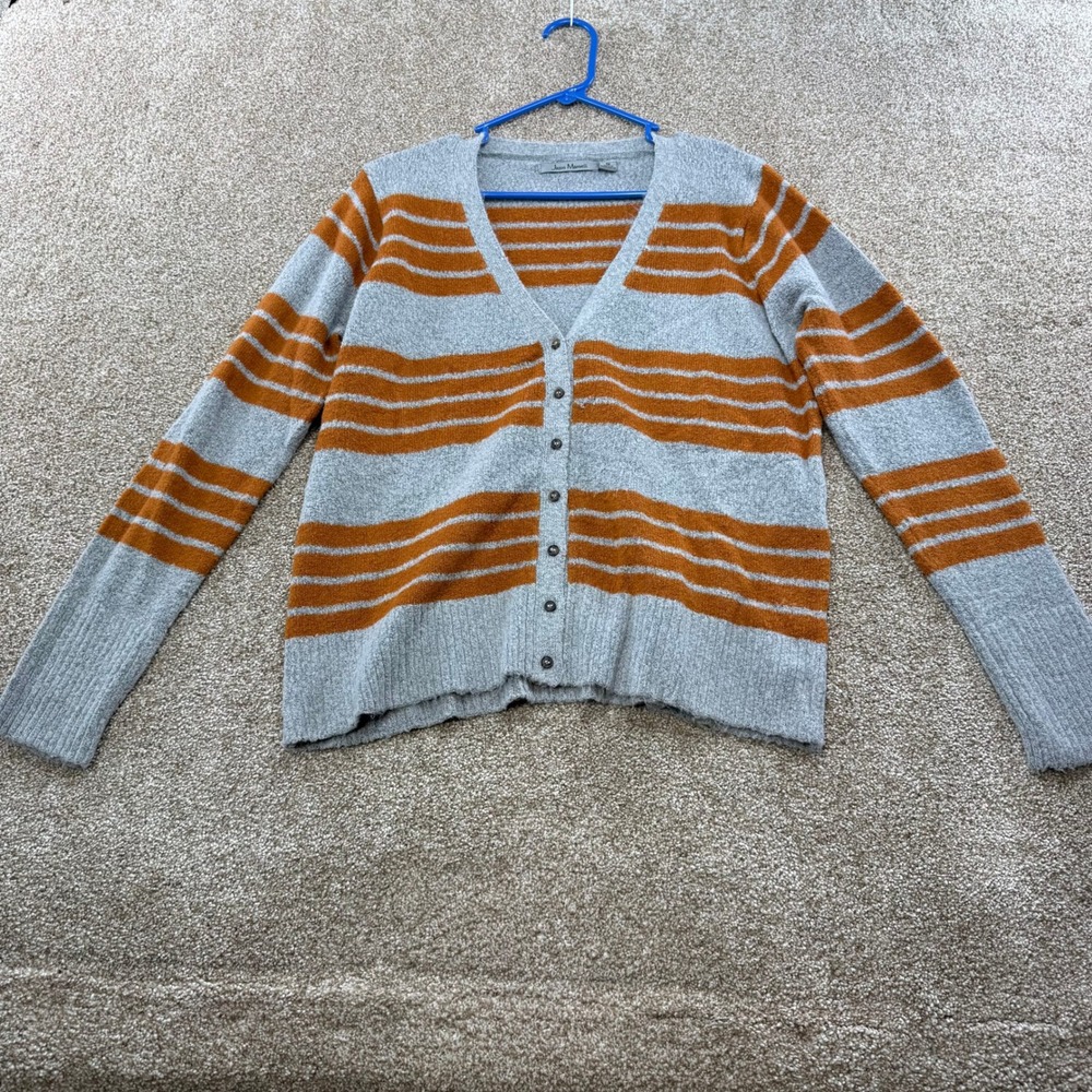 Jason Maxwell Womens Gray Orange Striped V-Neck Button Front Cardigan Sweater M